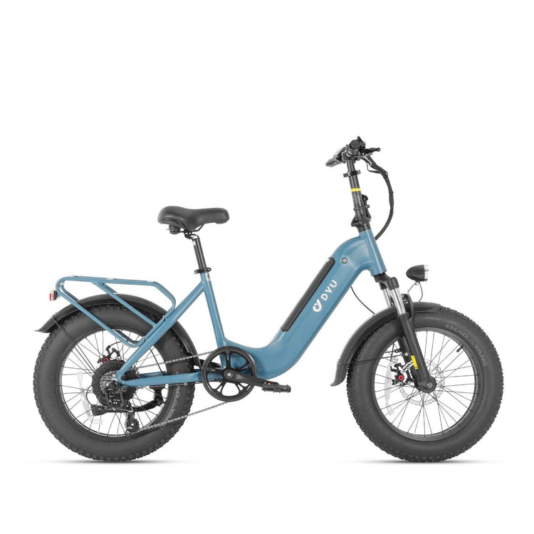 DYU FF500 blue 20-inch electric bike with thick tires and front suspension system