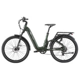 Zielony TTGO E-SUVO rower elektryczny z niską ramą, tylnym bagażnikiem, pełnymi błotnikami i amortyzacją – widok z lewej strony